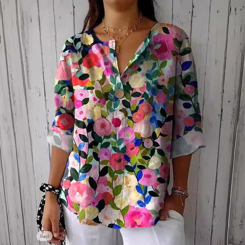 Dame luftig bluse med blomsterprint og knapdetalje Stilla