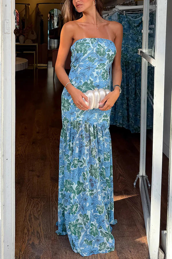 Dame Strapless Maxikjole med Flydende Volangkant Stilla