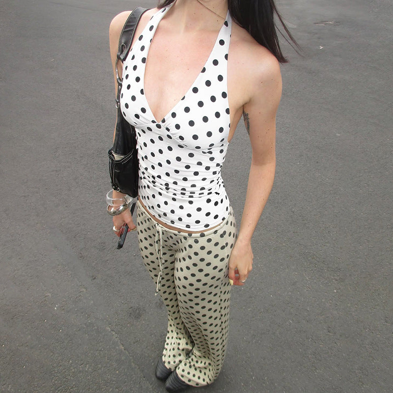 Dame Polka-Dot top med halterneck-design og tætsiddende snit Stilla