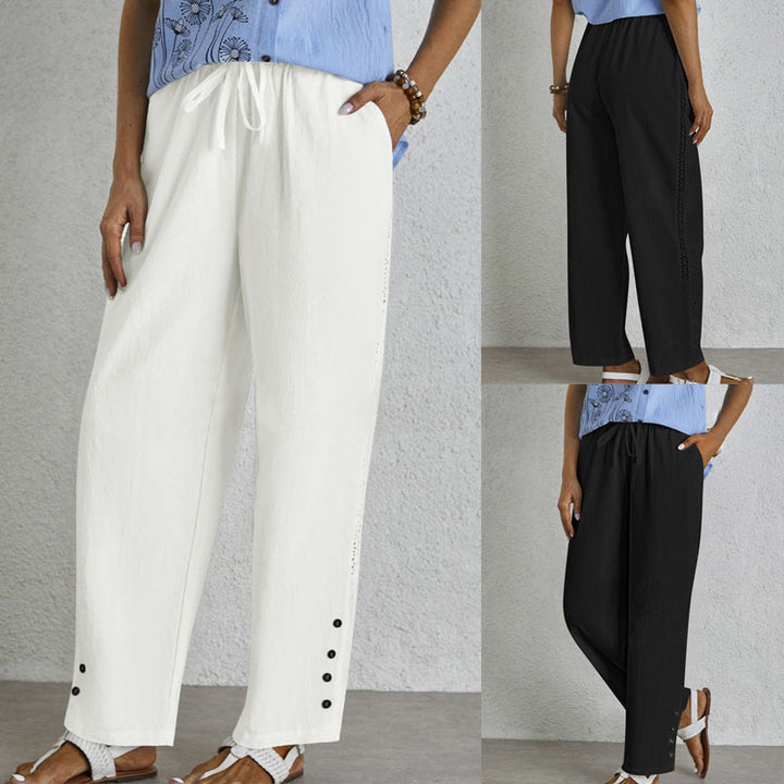 Dame Relaxed Fit Elastisk Taljebukser med Knapdetaljer Stilla