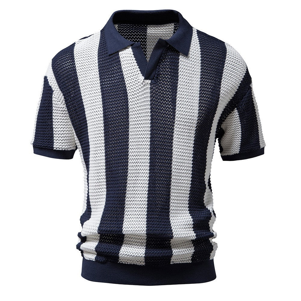 Herrer Poloshirt med åbent strikdesign og brede striber Stilla