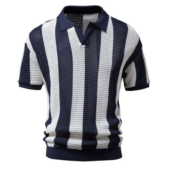 Herrer Poloshirt med åbent strikdesign og brede striber Stilla