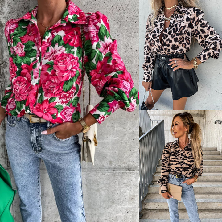 Damebluse med blomstret design og voluminøse ærmer Stilla
