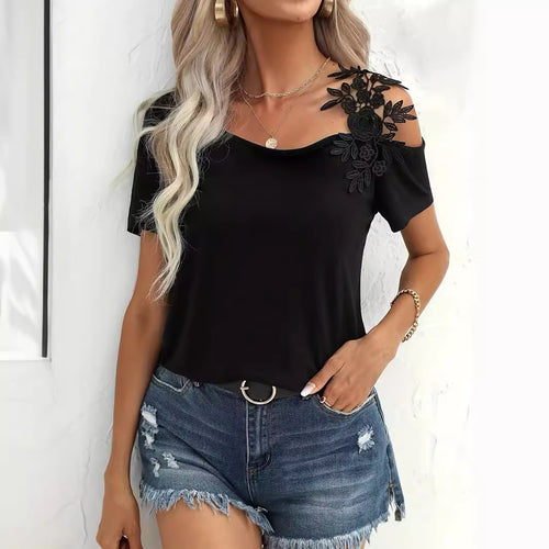 Dame uden skuldertop Jerseyshirt med floral spidsapplikation og løs pasform Skovae