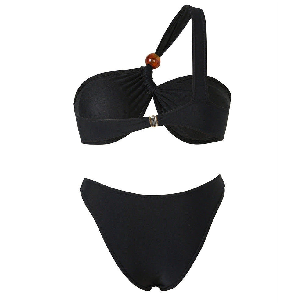 Dame Bikini-sæt med asymmetrisk Halter-neck og dekorative bukseknapper Skovae
