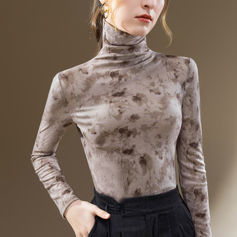 Dame longsleeve-shirt med elegant høj krave og blomster velour-design Stilla