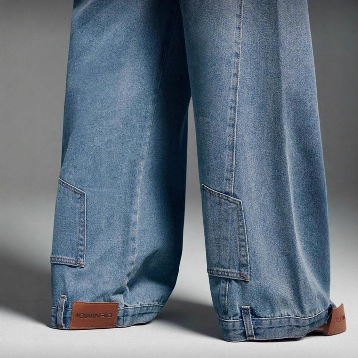 Kvindernes brede denim bukser med høj talje og dekorativ syning Stilla