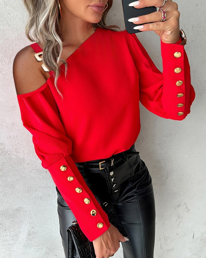 Dame Elegant Bluse med Skulderfri Design og Guldknapdetaljer Stilla