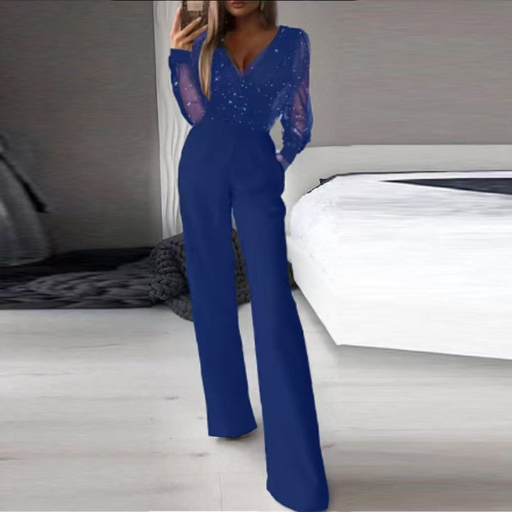 Damer Elegant Jumpsuit med gennemsigtige ærmer og glitrende detaljer Skovae