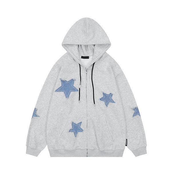 Femme Zip-Up Hætte-Sweatshirt med dekorative stjerne-applikationer Stilla