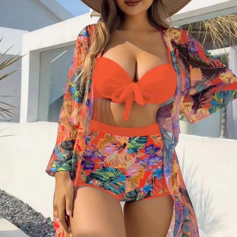 Dame høj talje bikini-sæt med blomsterdesign og snørebånd Skovae