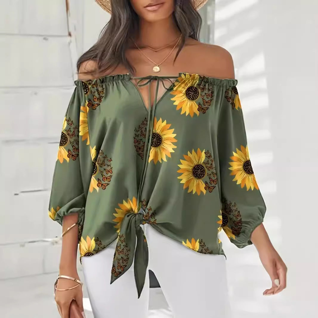 Dame Off-Shoulder Bluse med solsikkemønster og bindebånd Stilla