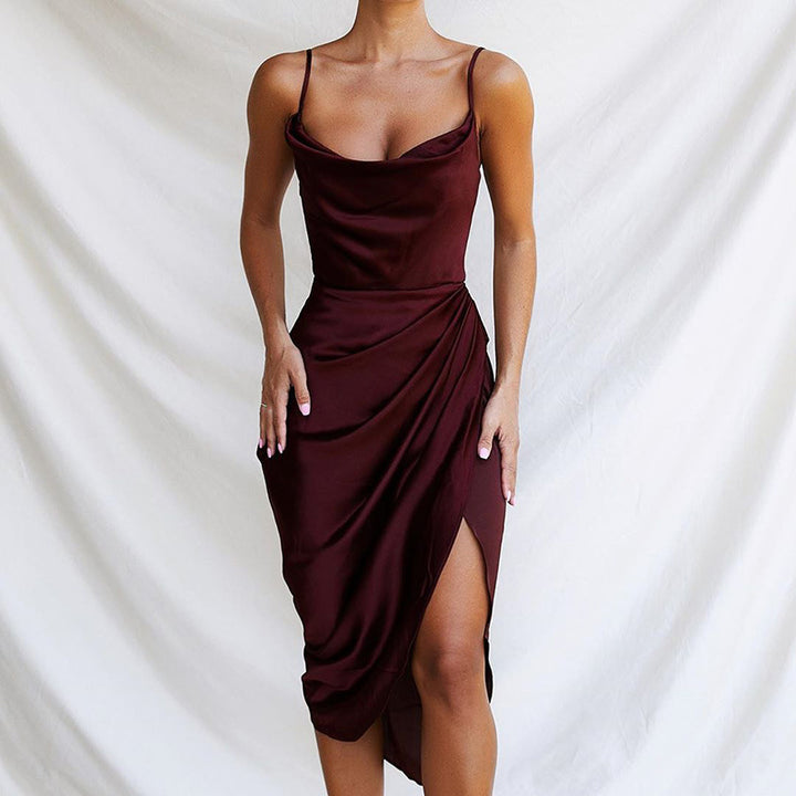 Dame Satin Wickelkjole med asymmetrisk snit og dyb split Stilla