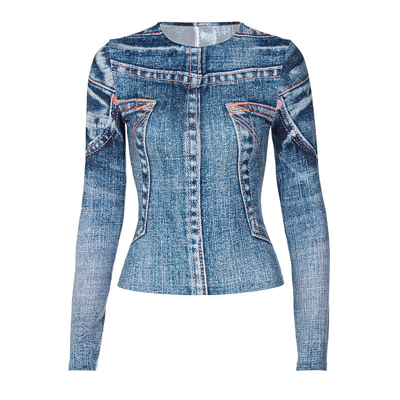 Dame tætsiddende Denim-overdel med lange ærmer og unikt print Stilla