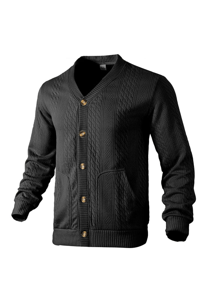 Herrer nan elegant fletsstrikket cardigan med V-hals knapliste og påsyede lommer Skovae