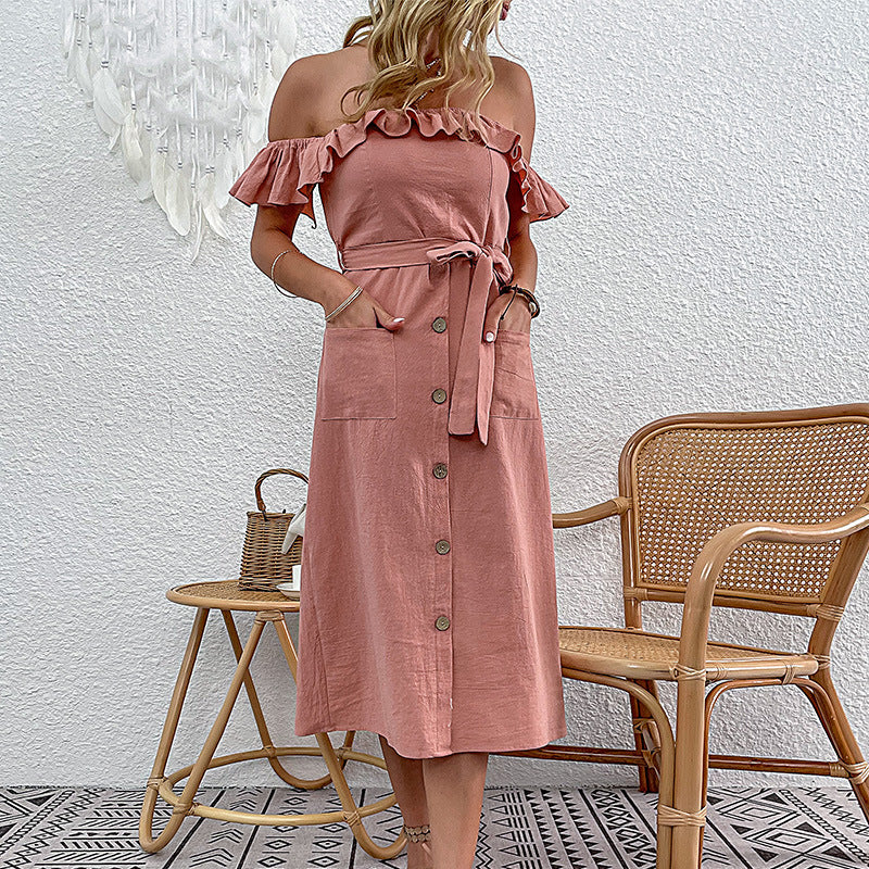 Kvinders Off-Shoulder Midi Kjole med Rynkedetaljer og Båndbelte Stilla