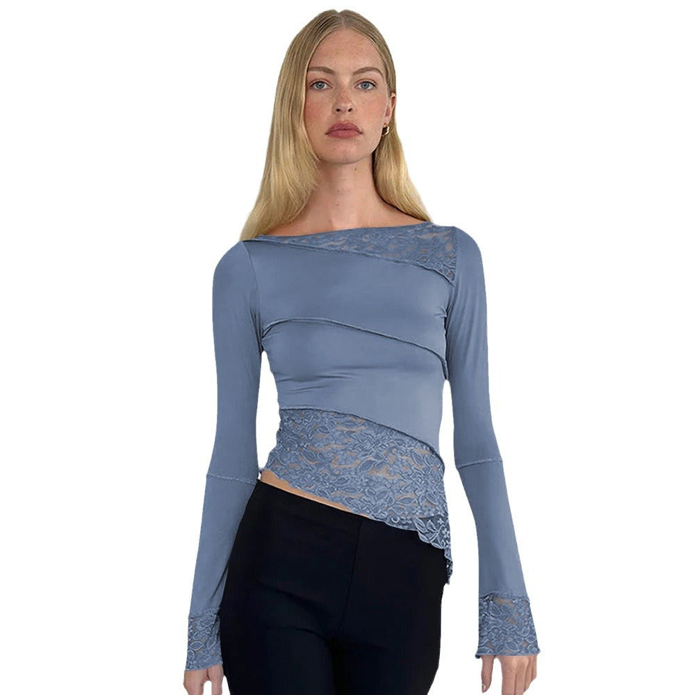 Damer figurtilpasset langærmet shirt med elegant spidsbesætning og asymmetrisk snit Stilla