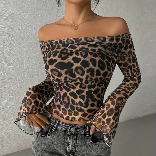 Dame Off-Shoulder Top med lange ærmer i animal-print Stilla