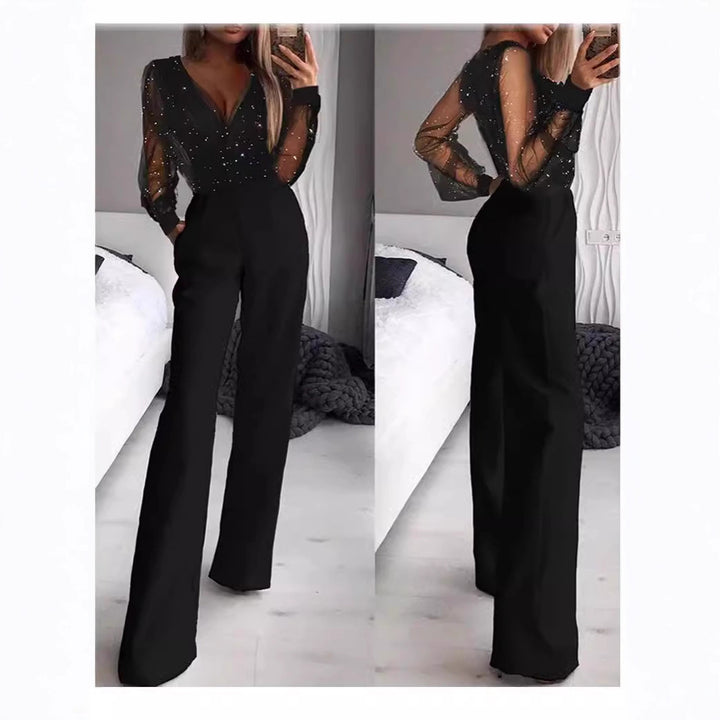 Kvinder Elegant Jumpsuit med Transparent Bluse og Glitrende Akcenter Skovae
