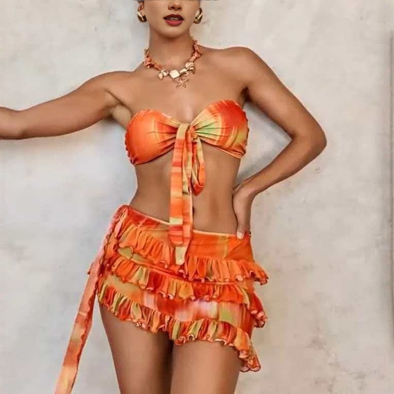 Dame Bandeau bikini sæt med flæser og indpakningsklæde Skovae