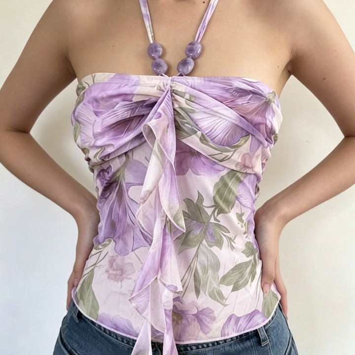 Dame Spaghetti-top med blomsterindsatser og transparente flæser Skovae