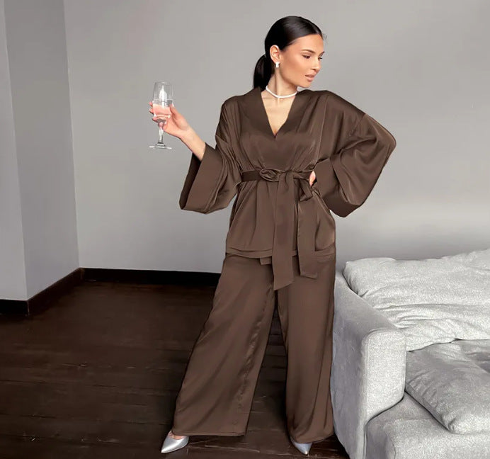 Dame Satin Pyjamas Sæt med elegant Kimono Overdel og brede Bukser Stilla