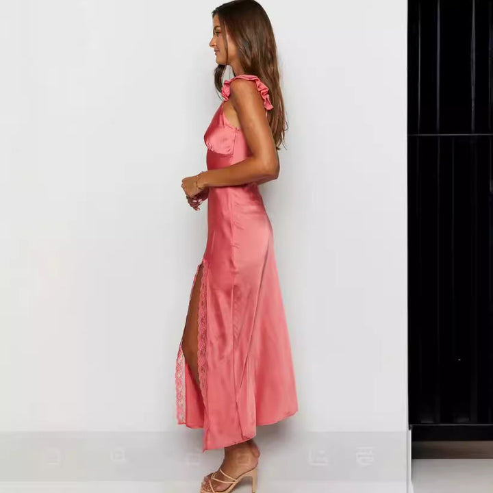 Kvinder Elegant Maxi Kjole med Blaffende Skirt og Blonde Detaljer Skovae