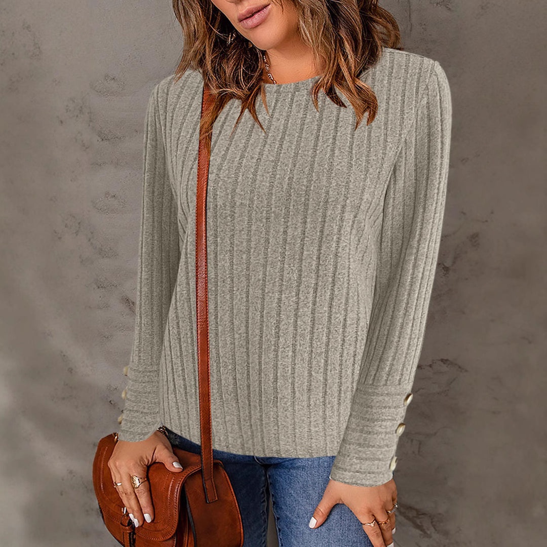 Dame ribstrikpullover med knapdetalje Stilla