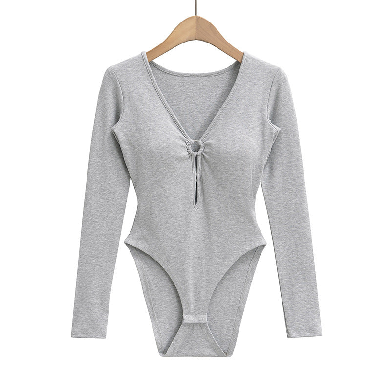 Dame Langærmet bodystocking med elegant V-hals og raffineret knude Stilla