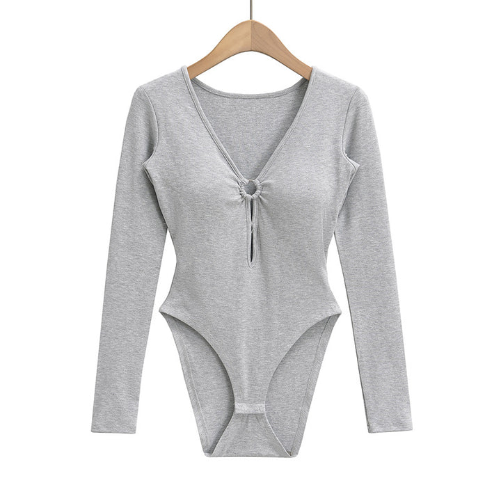 Dame Langærmet bodystocking med elegant V-hals og raffineret knude Stilla