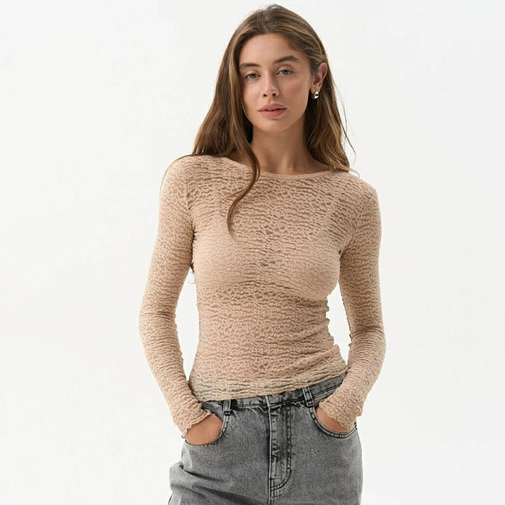 Dame Longsleeve Shirt i gennemsigtig lace med fine mønster Stilla