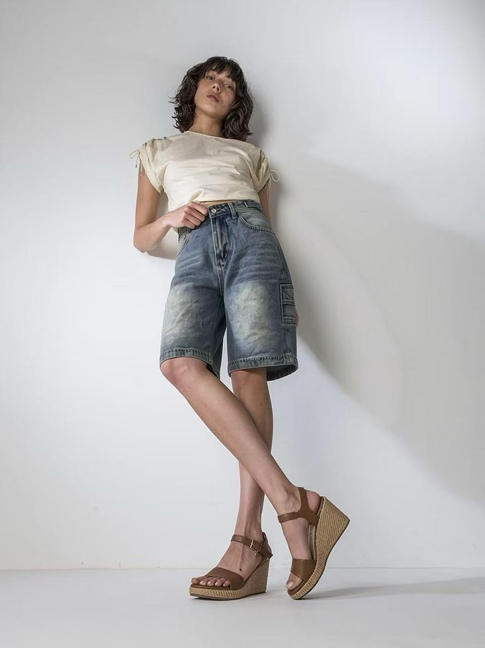 Dame casual Denim shorts med høj talje og bred pasform Skovae