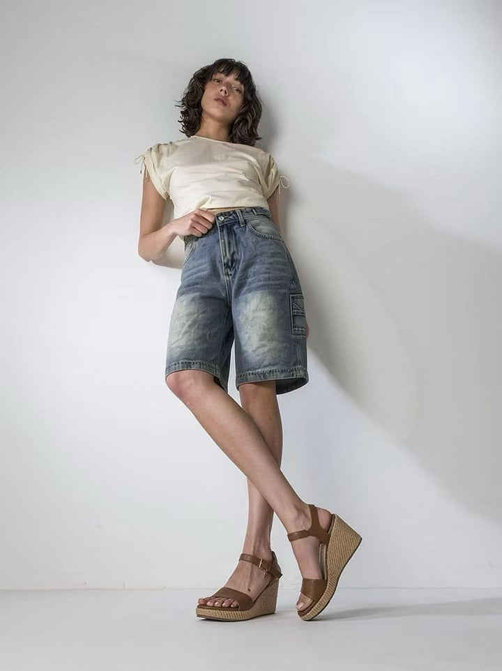 Dame casual Denim shorts med høj talje og bred pasform Skovae