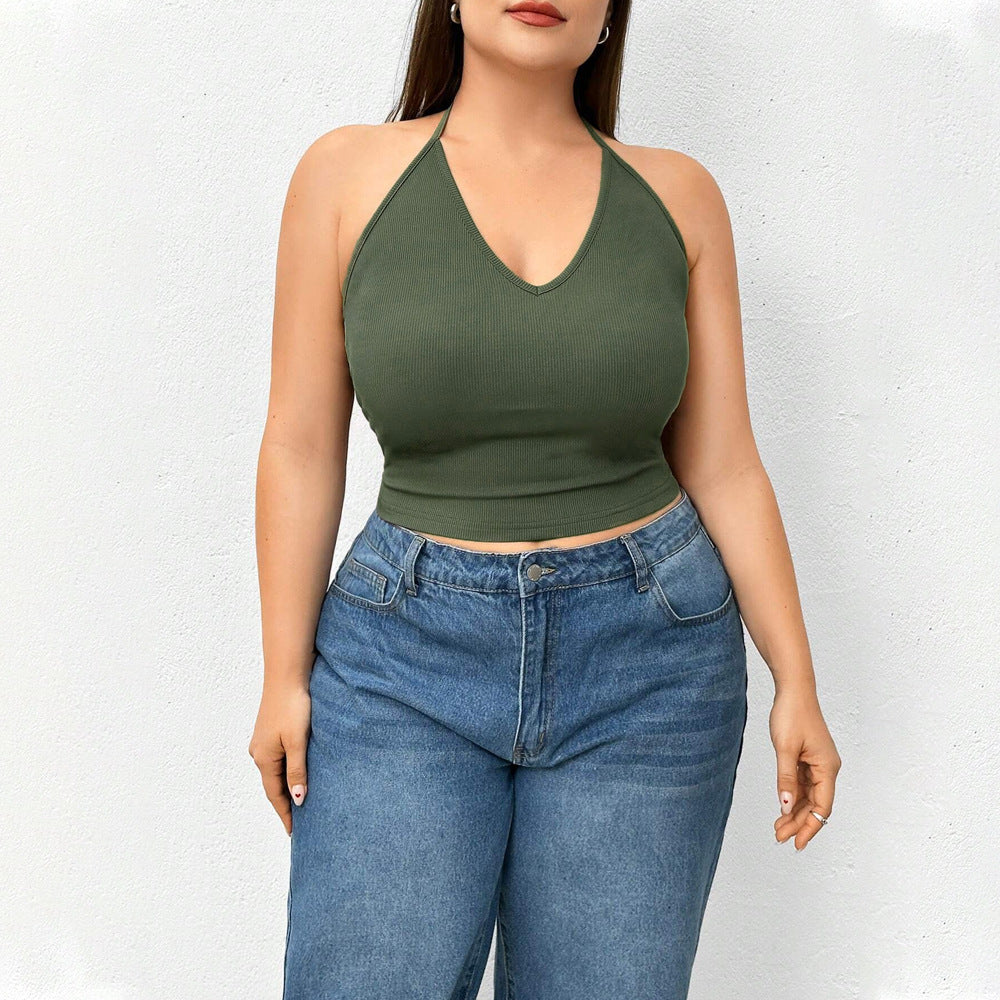 Dame sporty crop-top med V-udskæring og fin ribstruktur Stilla