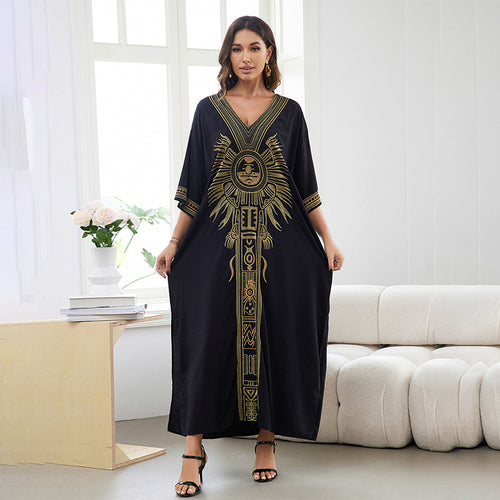 Dame Maxi-Kaftan med kunstnerisk grafikdesign og flydende silhuet Stilla