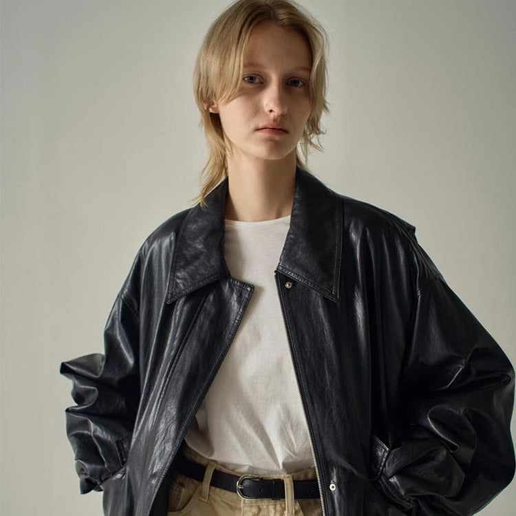 Dame oversized læderjakke i urban stil med praktiske lommer og kvalitetsmateriale Stilla