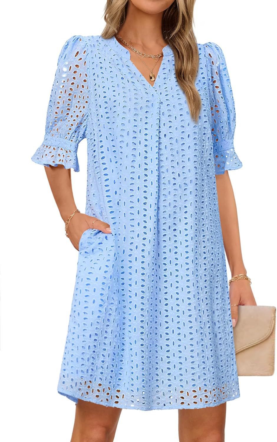 Kvinder Eyelet Midi Kjole med Puffærmer Stilla