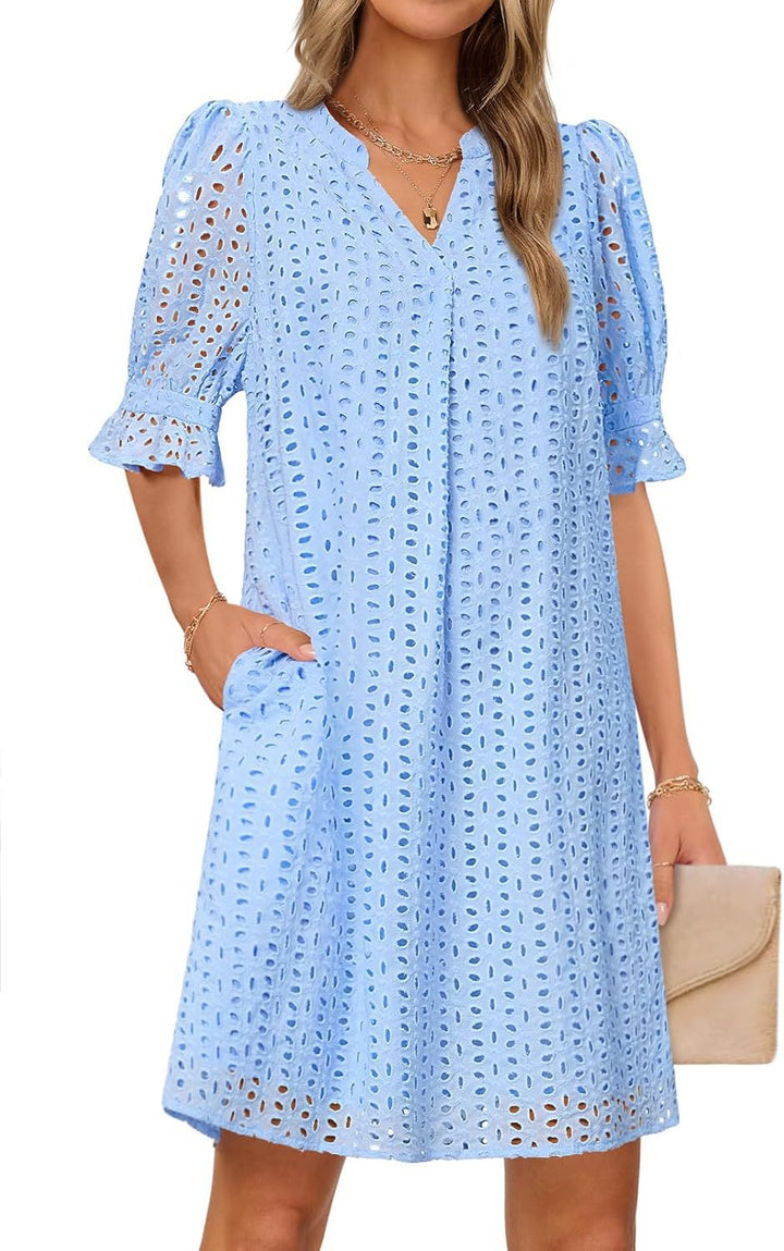 Kvinder Eyelet Midi Kjole med Puffærmer Stilla