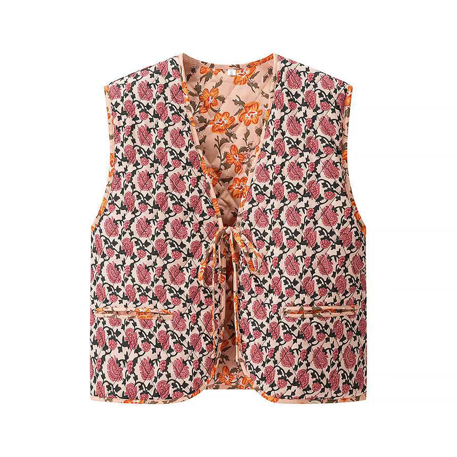Dame blomster mønster vest med talje knude Stilla
