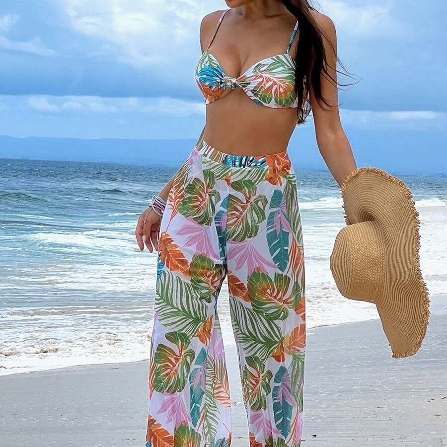 Dame Bikini-sæt med blomsterdesign og gennemsigtig overkjole Skovae