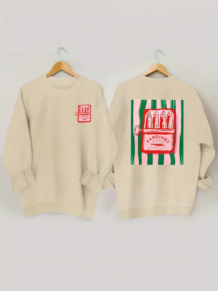Kvindernes sweatshirt med kreativ sardinegrafik og afslappet pasform Stilla