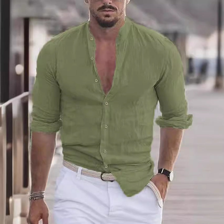 Herre casual linnedshirt med moderne ståkrave og praktisk knaplukning Stilla