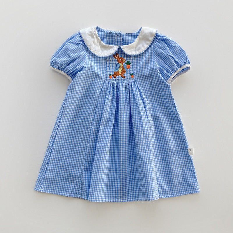 Pige Gingham Ternet Kjole med Kaninbroderi Stilla