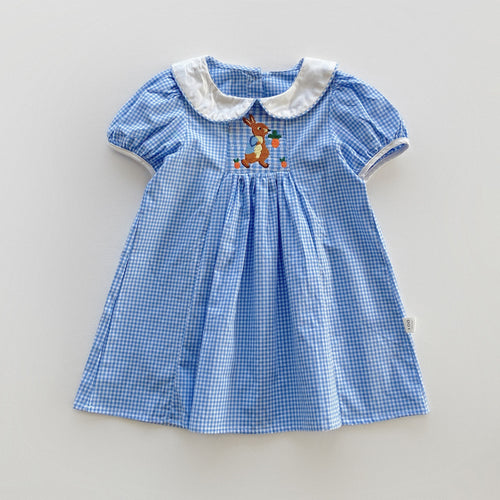 Pige Gingham Ternet Kjole med Kaninbroderi Stilla