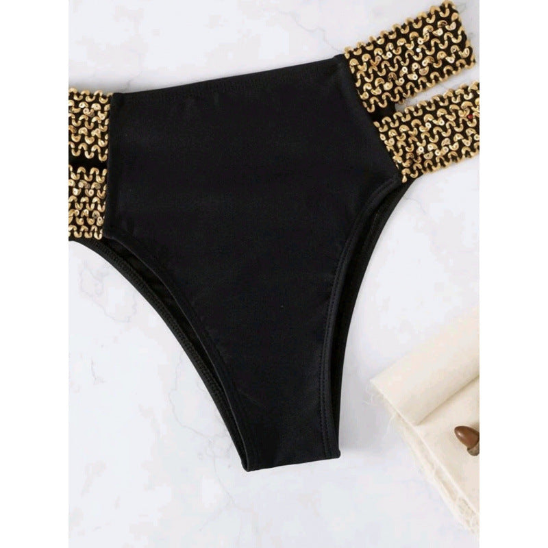 Dame bandeau-bikini med gyldne accenter og høj talje snit Skovae