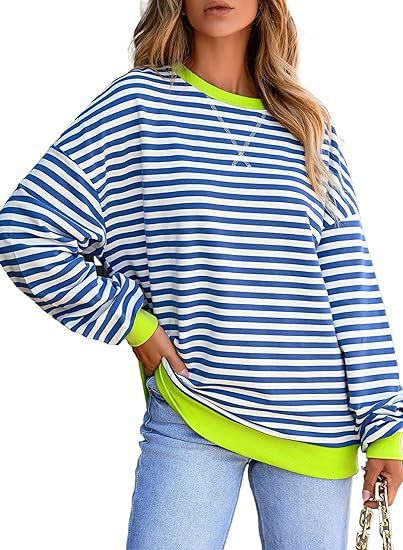 Dame stribet sweatshirt med farvematchende kant og afslappet snit Stilla
