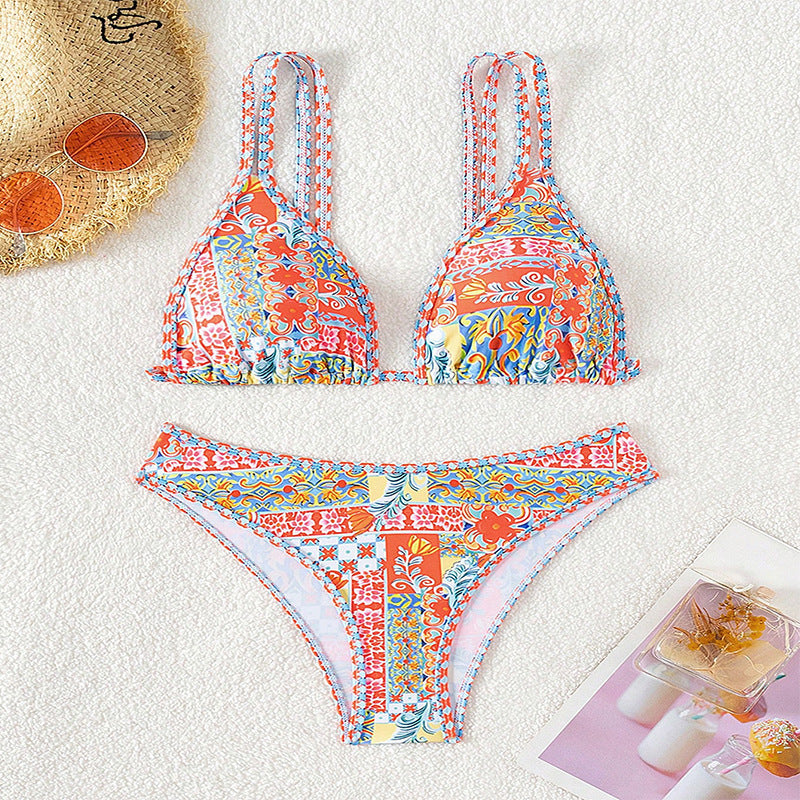 Dame Triangel-Bikini-Sæt med elegante mønstre og justerbare stropper Skovae