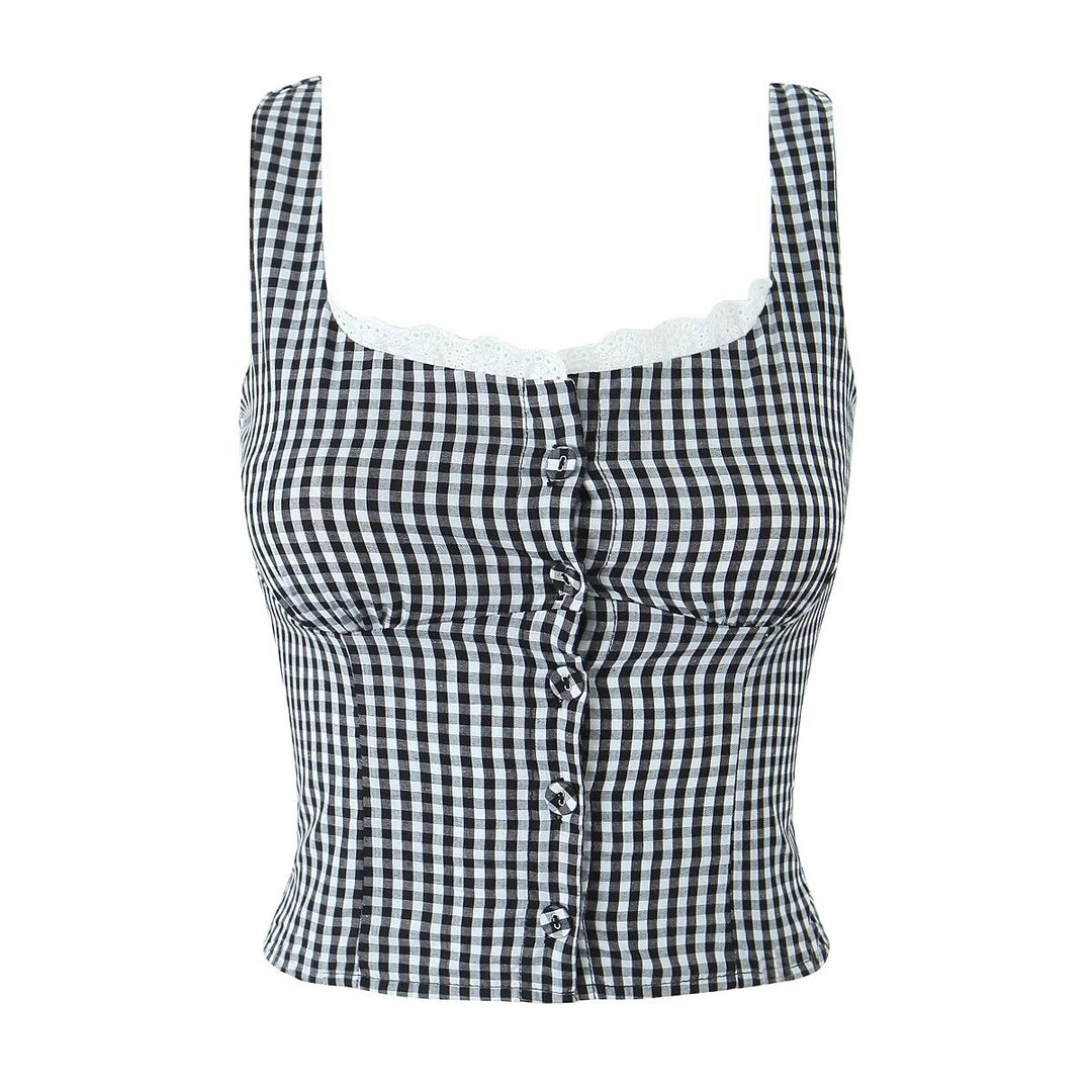 Dame ternet mønster crop-top med spidsbesætning og knapbare design Stilla