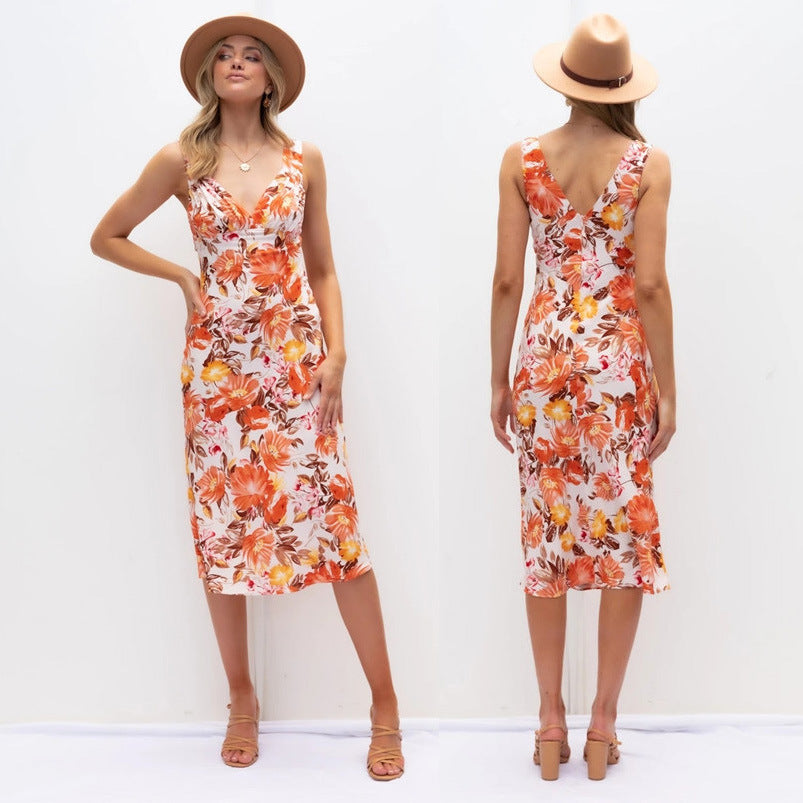 Dame Floral Midi Slipkjole med elegant V-udskæring Design Stilla