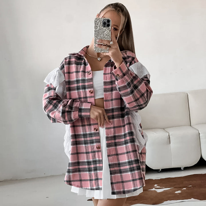 Dame Oversized Karoshirt med voluminøse ruffleærmer Stilla